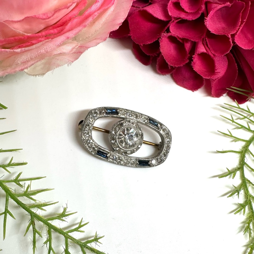 VINTAGE⚜️Art Deco Sapphire Crystal Brooch - Picture 2 of 5